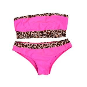 SHEIN Swim Neon Pink Leopard Print 2 Piece Bandeau Bikini Size Women's Medium